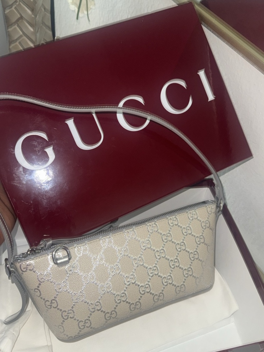 Gucci Beige GG Monogram Crossbody Shoulder Bag with Silver Trim